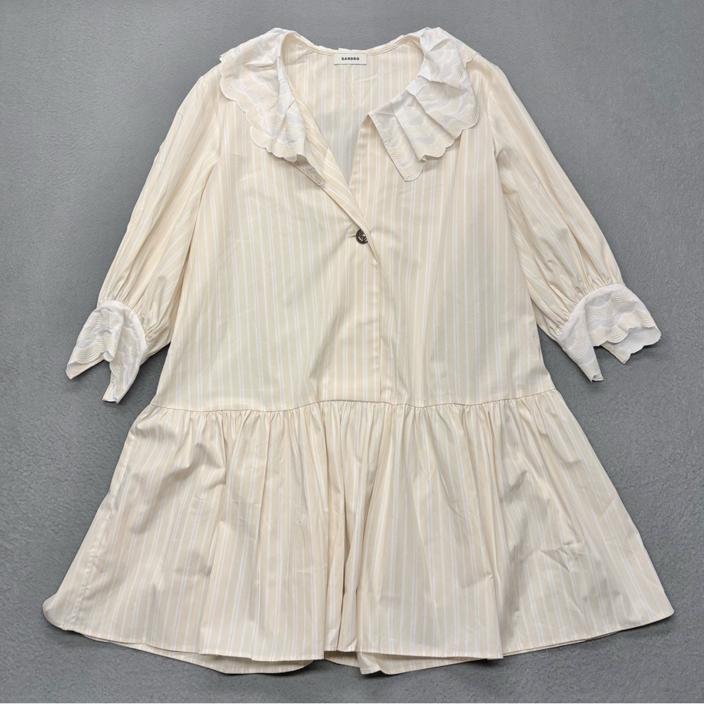Sandro Cintia Gathered Striped Cotton Mini Shirt Dress Ruffle Collar‎ Size 40 - Picture 2 of 14
